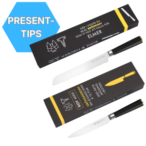 Vargen & Thor Knivpaket ELMER Brödkniv 21 cm + ROY Mini Allkniv 12,7 cm. Matt svart + mässing. Fri frakt. - 2 års garanti