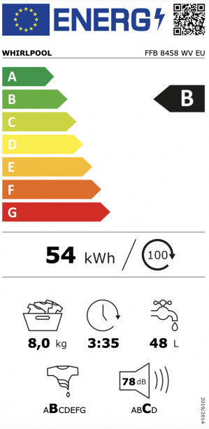 Energidekal Whirlpool frontmatad tvättmaskin: 8,0 kg - FFB 8458 WV EU