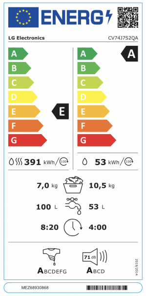 Energidekal LG CV74J7S2QA 10.5 kg / 7 kg Tvättmaskin/Torktumlare