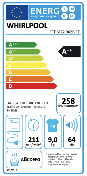 Energidekal Whirlpool värmepumpstumlare: fristående, 9,0 kg - FFT M22 9X2B EE