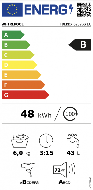 Energidekal Whirlpool toppmatad tvättmaskin 6kg - TDLRBX 6252BS EU - 2 års garanti