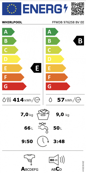 Energidekal Whirlpool fristående tvätt-tork: 9,0 kg - FFWDB 976258 BV EE