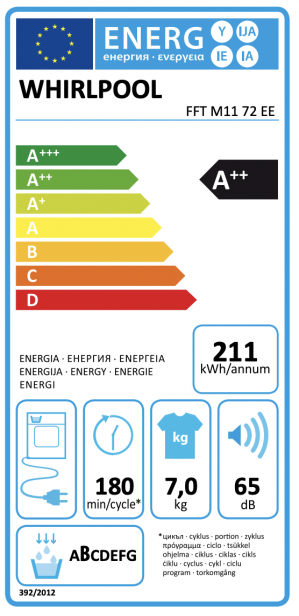 Energidekal Whirlpool värmepumpstumlare: fristående, 7,0 kg (FFT M11 72 EE)