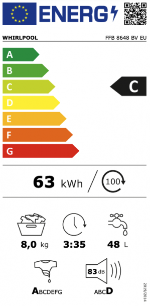 Energidekal Whirlpool frontmatad tvättmaskin: 8,0 kg - FFB 8648 BV EU