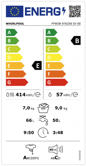 Energidekal Whirlpool fristående tvätt-tork: 9,0 kg - FFWDB 976258 SV EE  - 2 års garanti