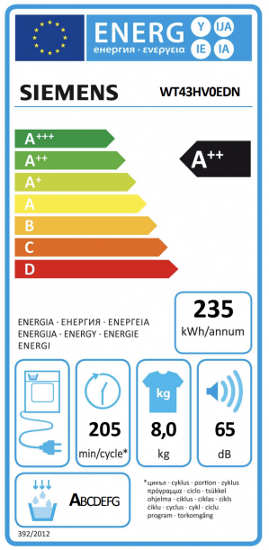 Energidekal Siemens iQ300, Värmepumpstumlare, 8 kg (WT43HV0EDN)