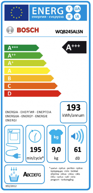 Energidekal Bosch Serie 8, Värmepumpstumlare, 9 kg (WQB245ALSN)