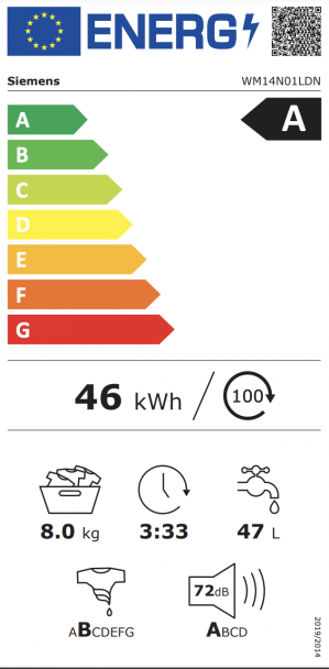 Energidekal Siemens iQ300, Tvättmaskin, frontmatad, 8 kg, 1400 v/min (WM14N01LDN)