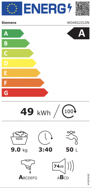 Energidekal Siemens iQ500, Tvättmaskin, frontmatad, 9 kg, 1600 v/min (WG46G2ZLDN)