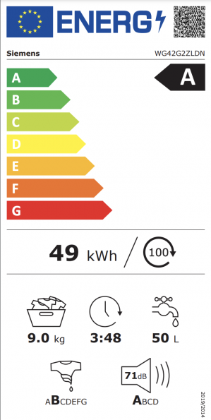 Energidekal Siemens iQ500, Tvättmaskin, frontmatad, 9 kg, 1200 v/min (WG42G2ZLDN)