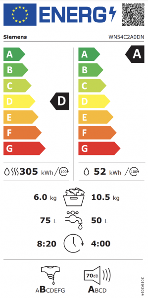 Energidekal Siemens iQ700 Kombinerad tvätt och tork 10.5/6 kg 1400 v/min (WN54C2A0DN)