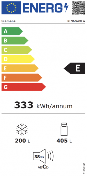 Energidekal Siemens iQ300, Fristående kyl/frys, 183 x 90.5 cm, Borstat svart stål med antiFingerprint (KF96NAXEA)