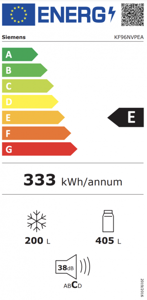 Energidekal Siemens iQ300 Fristående kyl/frys 183 x 90.5 cm Borstat stål med antiFingerprint (KF96NVPEA)