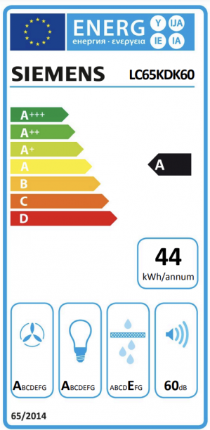 Energidekal Siemens iQ100, Vägghängd köksfläkt, 60 cm, Klarglas med svart tryck (LC65KDK60)