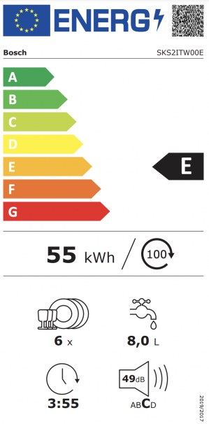 Energidekal Bosch Serie 2, Bänkdiskmaskin, 55 cm, Vit (SKS2ITW00E)