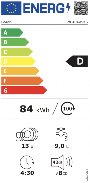 Energidekal Bosch Serie 4, Underbyggd diskmaskin, 60 cm, Vit (SMU4HAW01S)