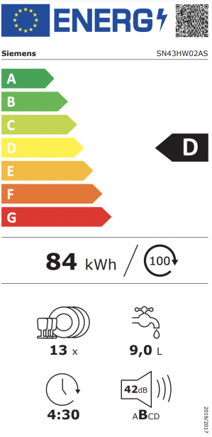 Energidekal Siemens iQ300, Underbyggd diskmaskin, 60 cm, Vit (SN43HW02AS)