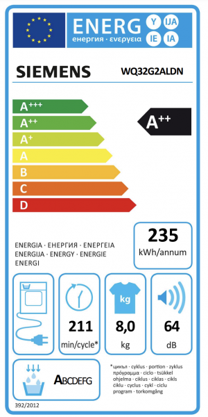 Energidekal Siemens iQ500, Värmepumpstumlare, 8 kg (WQ32G2ALDN)