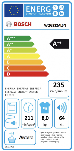 Energidekal Bosch Serie 6, Värmepumpstumlare, 8 kg (WQG232ALSN)