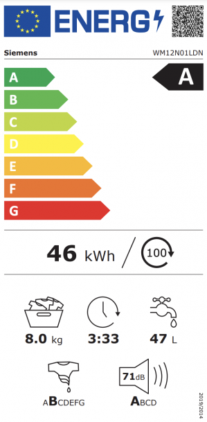 Energidekal Siemens iQ300, Tvättmaskin, frontmatad, 8 kg, 1200 v/min (WM12N01LDN)