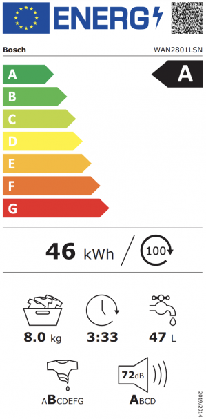 Energidekal Bosch Serie 4, Tvättmaskin, frontmatad, 8 kg, 1400 v/min (WAN2801LSN)