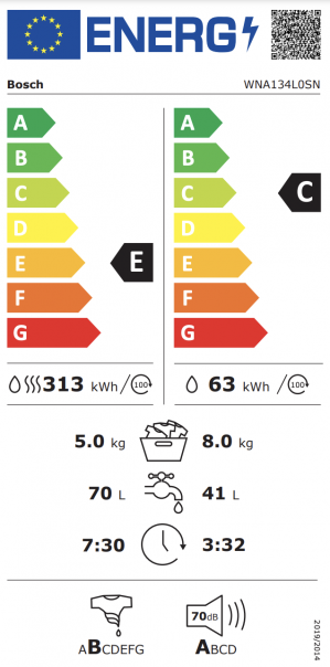 Energidekal Bosch Serie 4, Kombinerad tvätt och tork, 8/5 kg, 1400 v/min (WNA134L0SN)