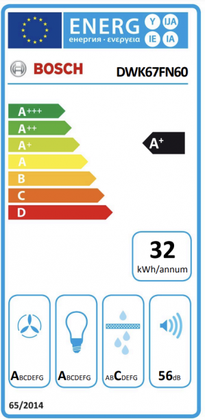 Energidekal Bosch Serie 4, Vägghängd köksfläkt, 60 cm, Klarglas med svart tryck (DWK67FN60)