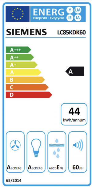 Energidekal Siemens iQ100 Vägghängd köksfläkt 80 cm Klarglas med svart tryck (LC85KDK60)