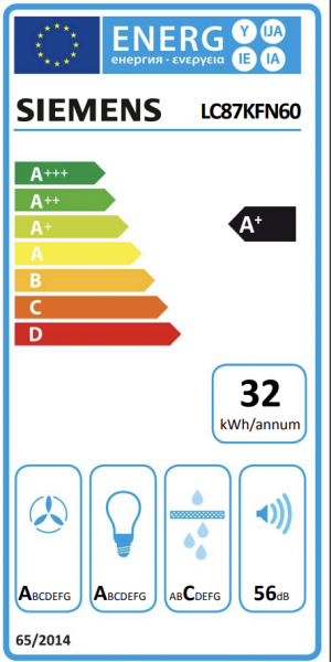 Energidekal Siemens iQ300, Vägghängd köksfläkt, 80 cm, Klarglas med svart tryck (LC87KFN60)