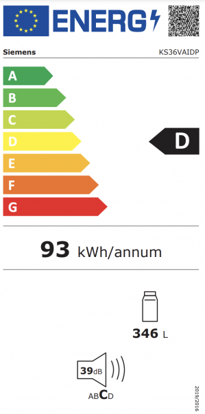 Energidekal Siemens iQ500, Kylskåp, 186 x 60 cm, Borstat stål med antiFingerprint (KS36VAIDP)