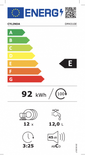Energidekal Cylinda Underbyggd diskmaskin. 57,5 cm. Vit. 12 kuvert. Höj och sänkbar korg. (DM4310E - 10839347) - 2 års garanti