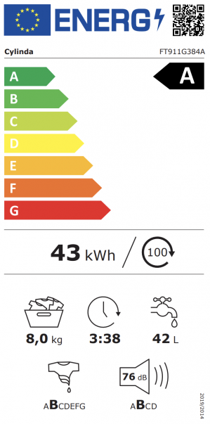 Energidekal Cylinda frontmatad tvättmaskin. 8kg. 52,7 cm djup. 12 program. Touchdisplay. Energiklass A. Vit. (FT911G384A) Fri hemleverans. - 2 års garanti.