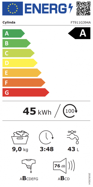 Energidekal Cylinda frontmatad tvättmaskin. 9kg. 55,7 cm djup. 12 program. Touchdisplay. Energiklass A. Vit. (FT911G394A) Fri hemleverans. - 2 års garanti.