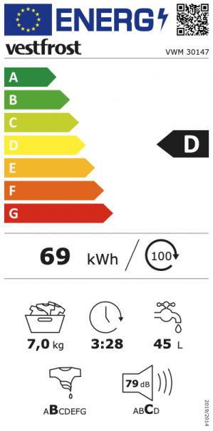Energidekal Vestfrost Tvättmaskin. 7kg. BxDxH 597x497x845. 15 program. Varv/min.: 1400. (VWM 30147 - 34048) Fri hemleverans. - 4 års garanti