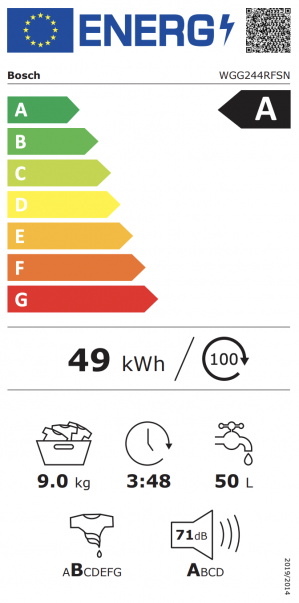 Energidekal Bosch Serie 6. Frontmatad tvättmaskin. 9 kg. 1400 v/min. i-DOS. Energiklass A. Antracitgrå. (WGG244RFSN) Fri hemleverans. - 2 års garanti
