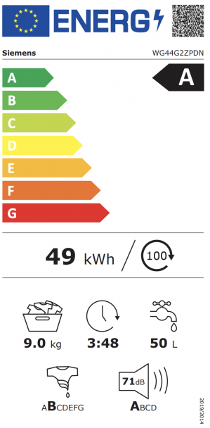Energidekal Siemens iQ500. Frontmatad tvättmaskin. 9 kg. 1400 varv/min. waveDrum. speedPerfect. Vit. (WG44G2ZPDN) Fri hemleverans. - 2 års garanti.