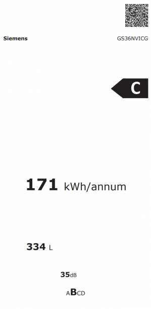 Energidekal Siemens iQ300. Frysskåp 186.2 x 59.5 cm. Högerhängd (omhängbar dörr). bigCapacity. Total noFrost. Borstat stål med anti-fingerprint. (GS36NVICG). Fri hemleverans. - 2 års garanti