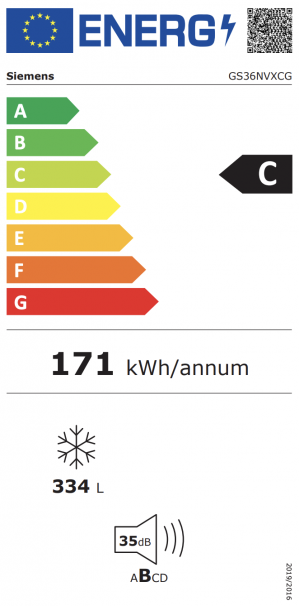 Energidekal Siemens iQ300. Frysskåp 186.2 x 59.5 cm. 334L. Högerhängd (omhängbar). bigCapacity. Total noFrost. blackSteel. (GS36NVXCG) Fri hemleverans. - 2 års garanti