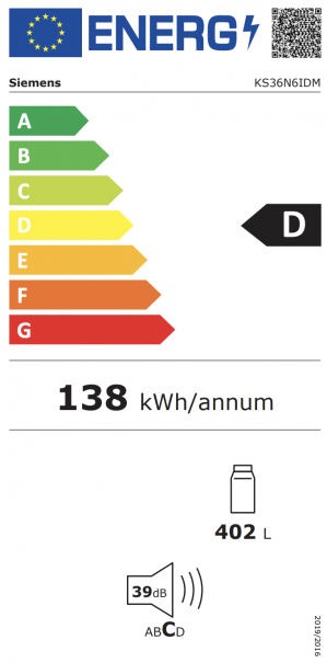 Energidekal Siemens iQ300. Kylskåp 186.2 x 59.5 cm. 402L. Vänsterhängd (omhängbar dörr). hyperFresh 0°C. Borstat stål med anti-fingerprint. (KS36N6IDM) Fri hemleverans. - 2 års garanti