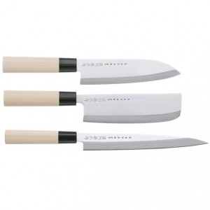 Satake Houcho med grönsaks-, sashimi- & japansk kock-kniv i balsabox